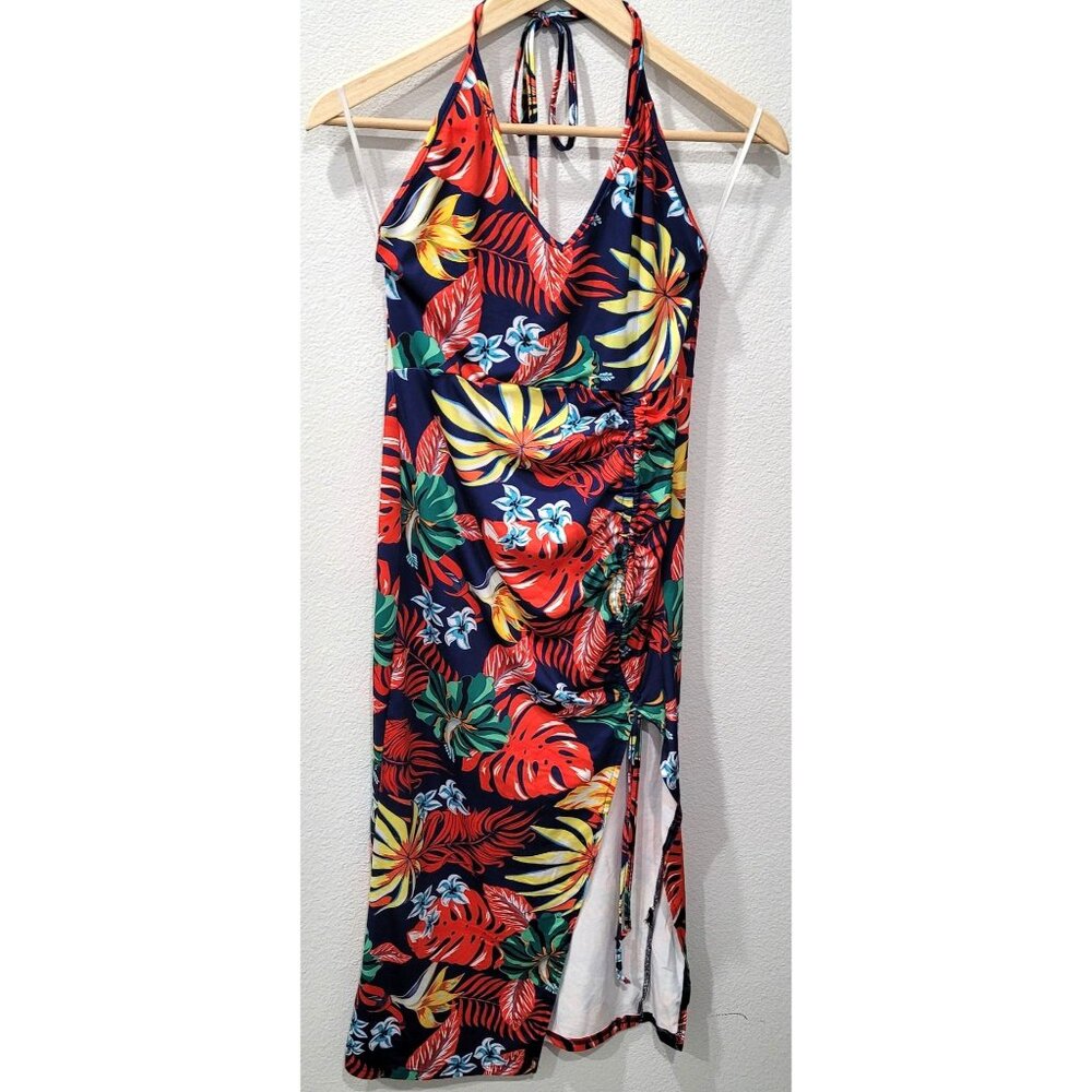 Shein Tropical Floral Maxi Halter Dress with Adjustable Tie & Side Slit Size S